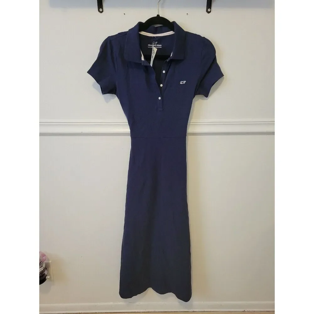 New Womens sz xs vineyard vines navy blue tie waist cotton dress midi knit